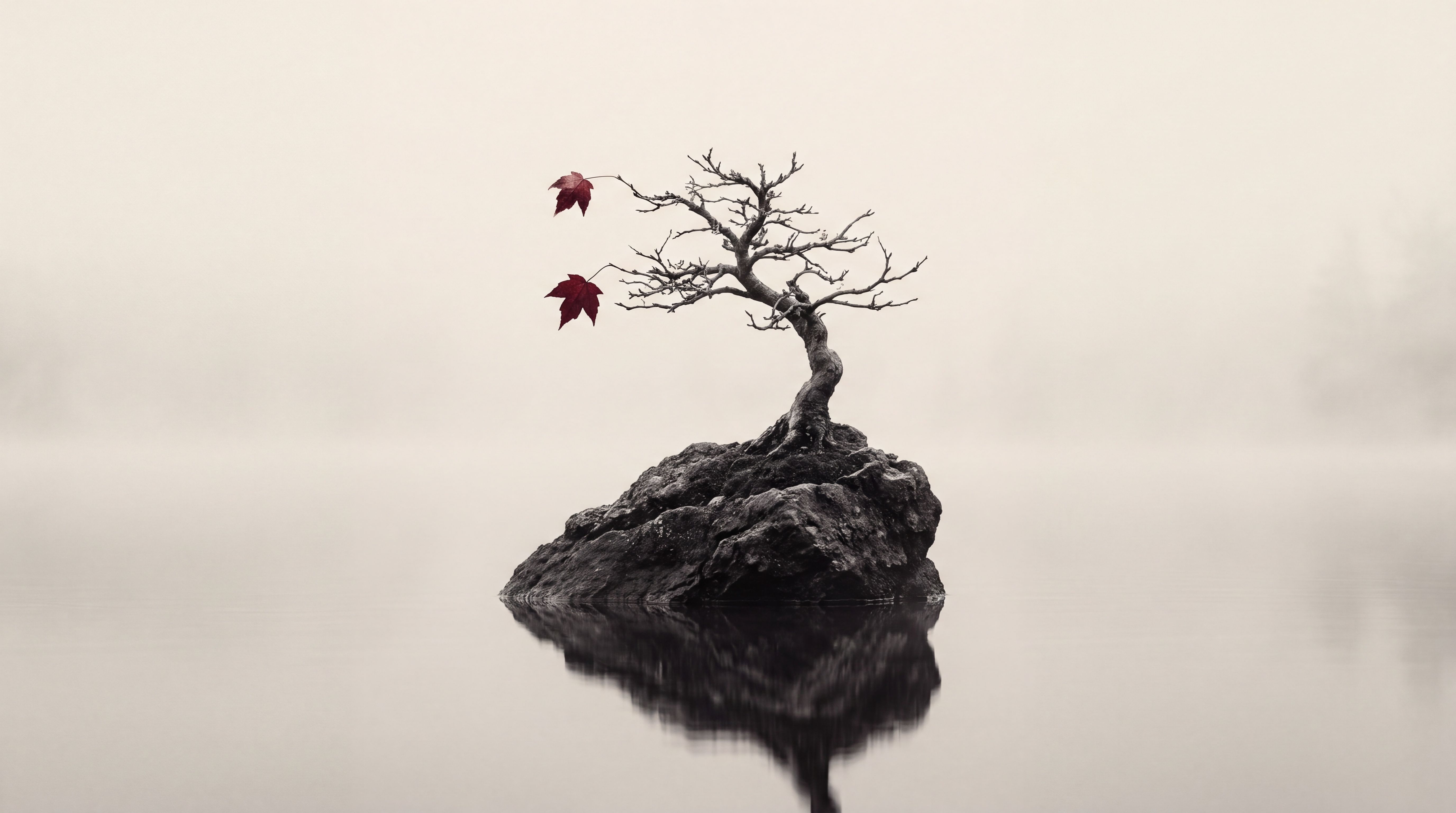 A sculptural bonsai growing from a dark rock in still water