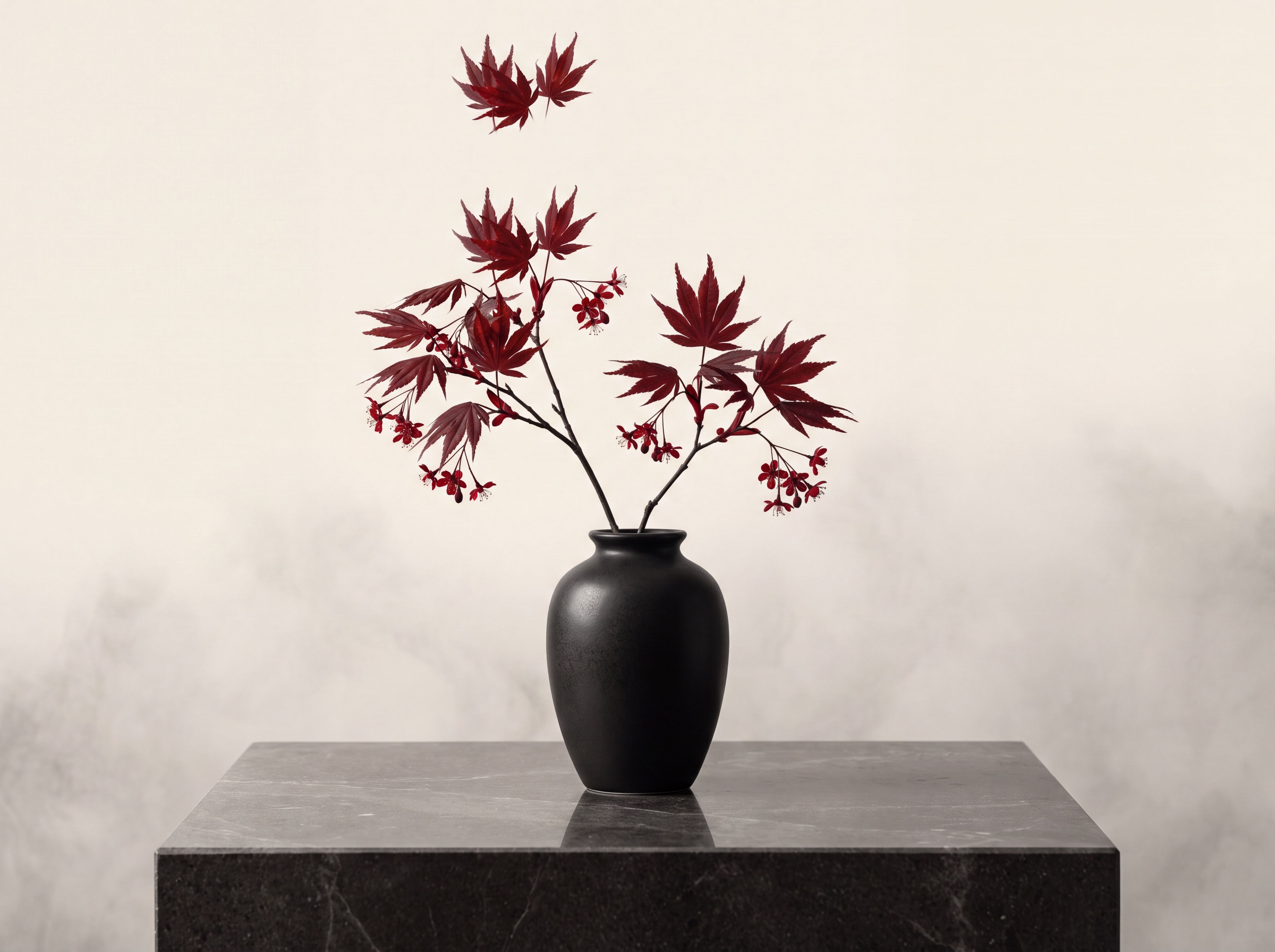 A red maple arrangement in a dark stone interior