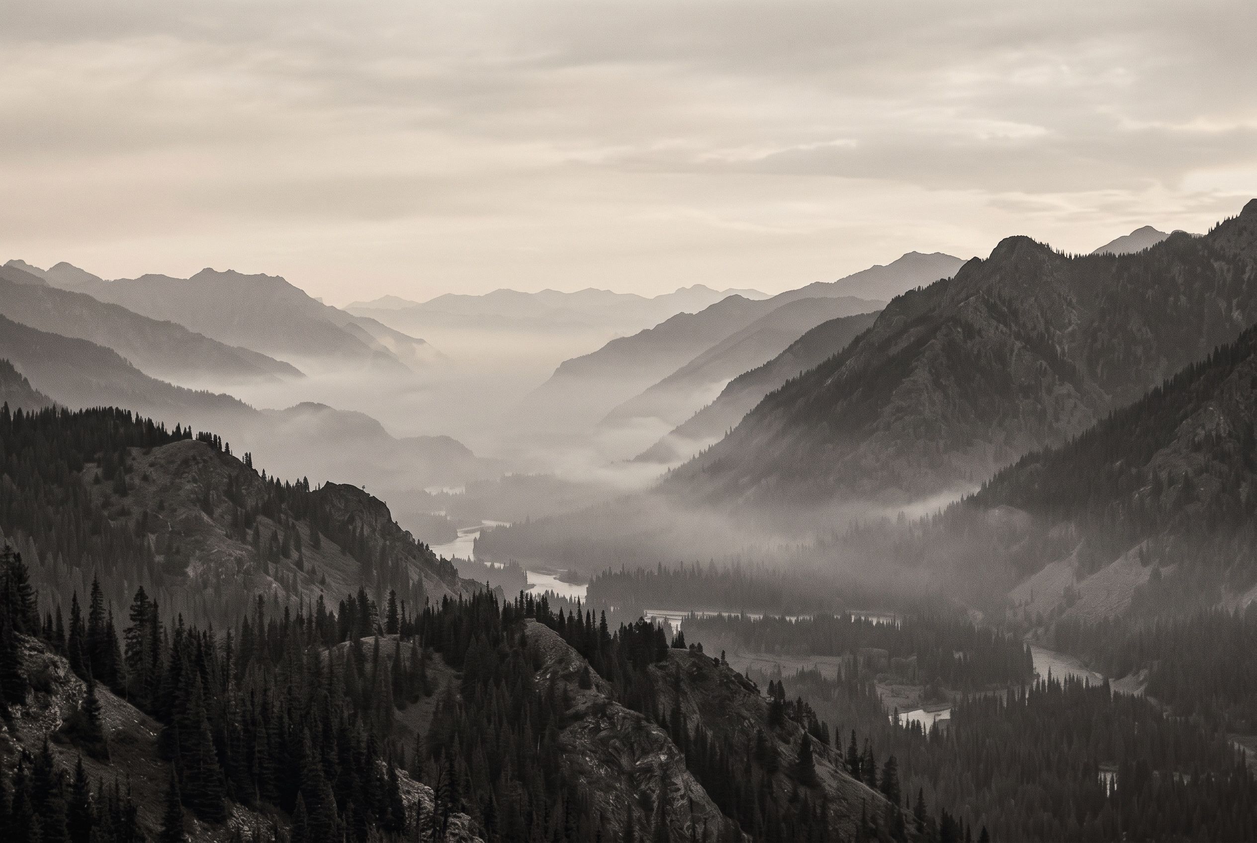 A misty mountain valley