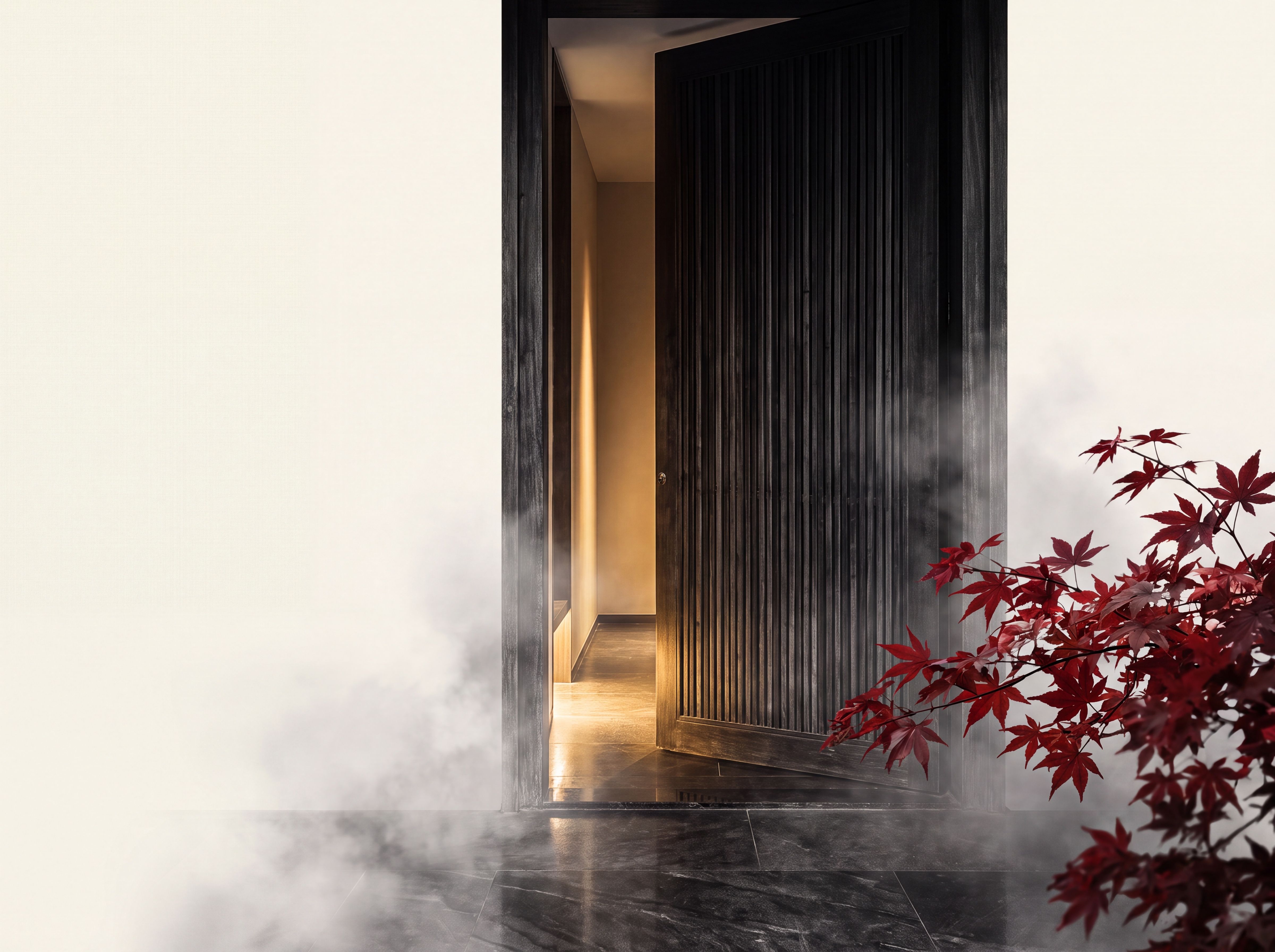 A slatted doorway opening onto warm light and maple branches